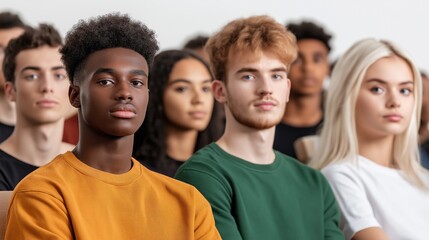 Fototapeta premium group of young adults sits together in a classroom, attentively focused on a speaker. students display a variety of hairstyles and clothing styles, showcasing diversity