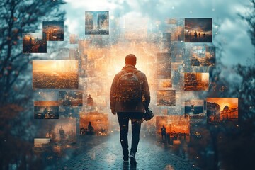 Fototapeta premium Person walking towards a city skyline composed of overlapping images.