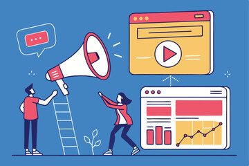 Digital marketing concept, social media strategy, online advertising, megaphone icon, chat bubbles, browser windows, stylized human figures, flat design illustration, vibrant colors, blue background, 