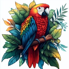 Obraz premium Colorful macaw perched among vibrant tropical leaves in lush setting