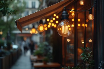 Warm evening lights illuminate a charming outdoor cafe setting.  Perfect ambiance for a relaxing night out.
