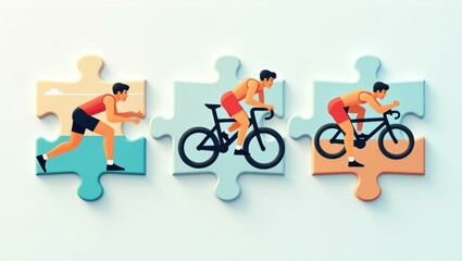 Athlete man running cycling mountain biking on puzzle pieces, sports fitness training concept, active lifestyle background with pastel colors and abstract shapes for healthy living promotion