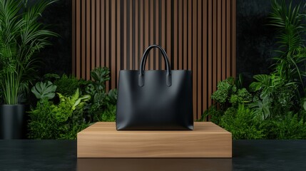 Fototapeta premium Elegant Black Bag Placed on Rustic Wooden Table Showcasing Minimalist Design and Textured Surface Evoking a Sense of Style and Sophistication