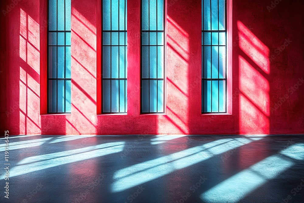 Aufkleber sunlight streams through large windows in a red room, casting dramatic shadows on the floor. a minim