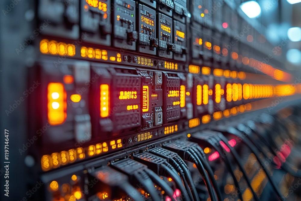 Poster server rack with glowing lights and cables. a close-up view of data center technology.
