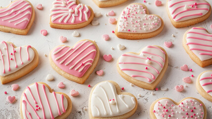 Delicious heart shaped cookies decorated with pink and white icing, perfect for celebrations and special occasions. These sweet treats are adorned with colorful sprinkles and candy hearts