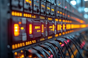 Server rack with glowing lights and cables.  A close-up view of data center technology.