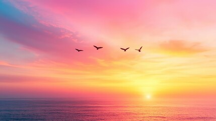 Fototapeta premium Small flock of birds flying in formation over the calm ocean during a vibrant pink and orange sunset.