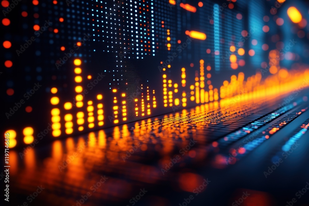 Poster abstract digital display with vibrant orange and blue lights reflecting on a dark surface. perfect f