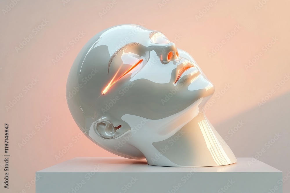 Poster modern art installation features a sleek, illuminated head sculpture on display in a minimalistic ga