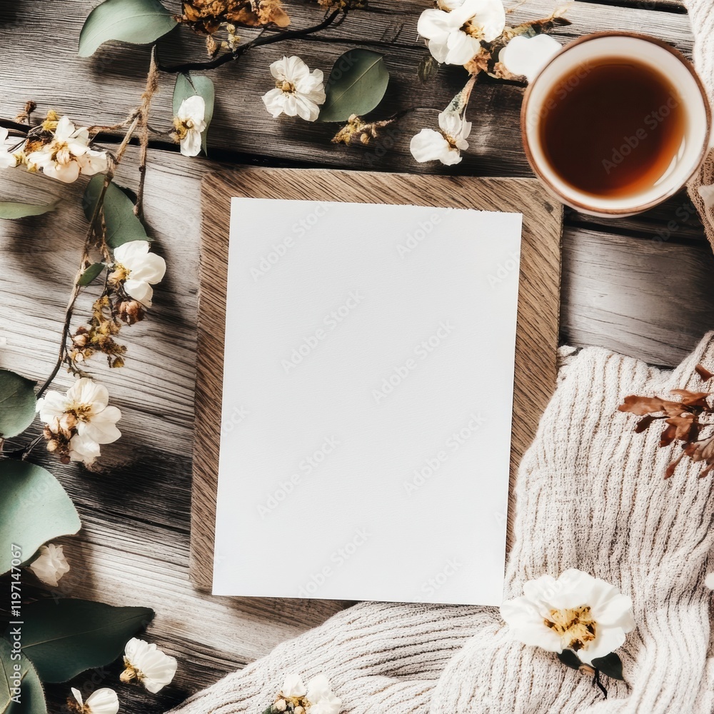 Poster blank mock up with copy space surrounded by flowers and a cup of tea on a wooden table in a cozy set