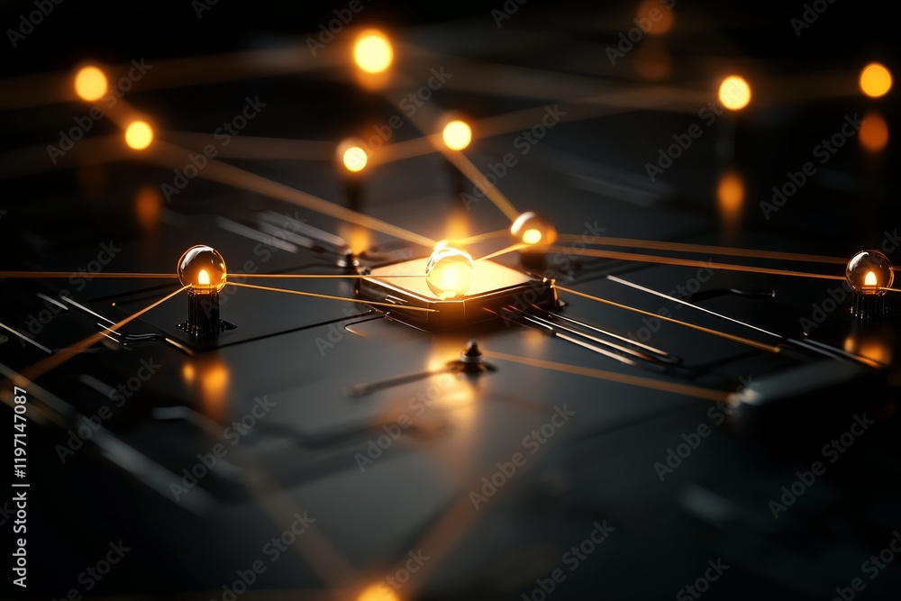 Poster complex circuitry illuminated by glowing nodes and connections in a dark environment