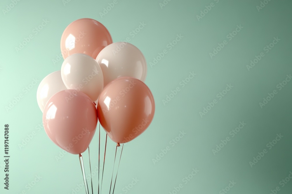 Poster balloons in soft colors floating against a pastel backdrop create a cheerful atmosphere for celebrat