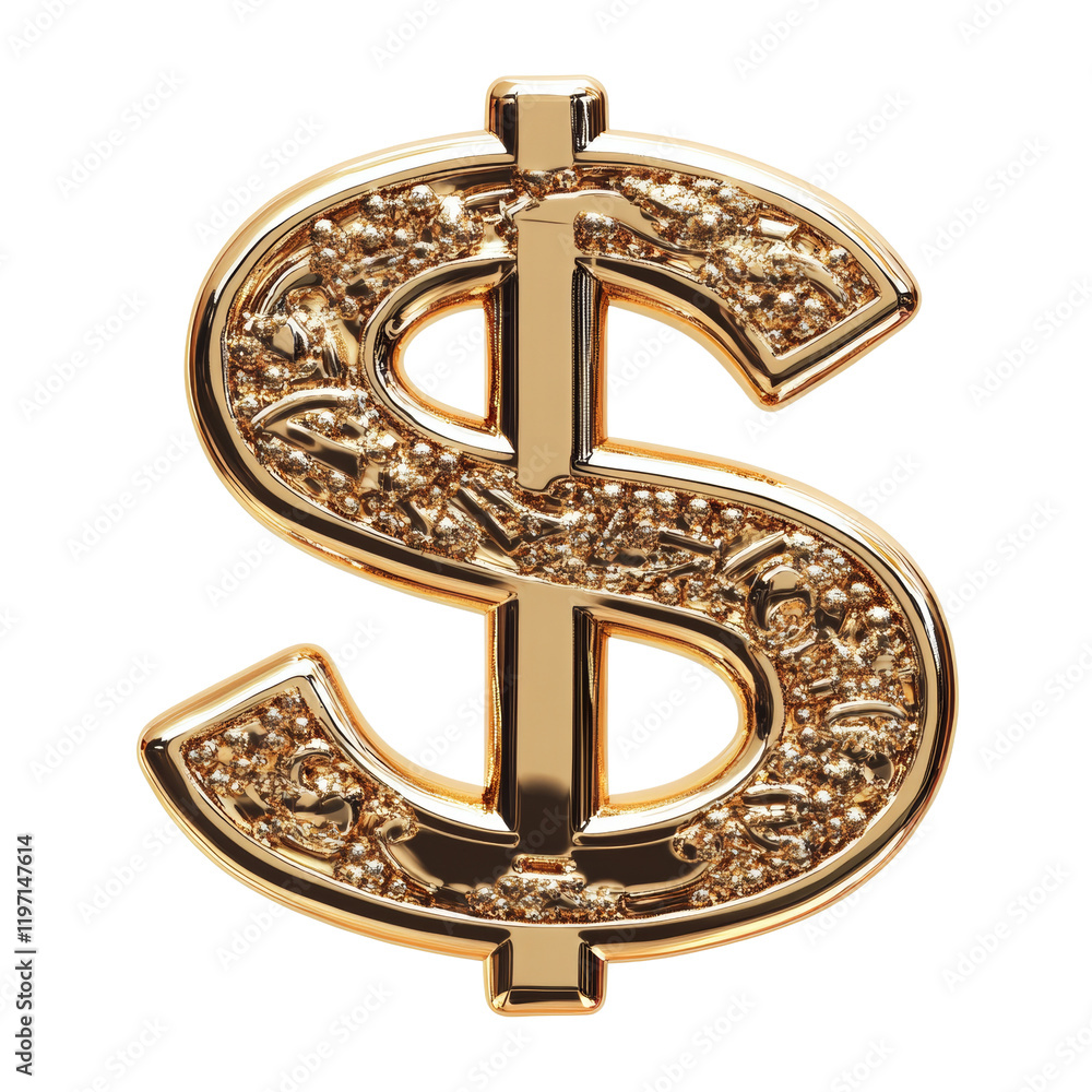 Poster a detailed 3d rendering of a gold dollar sign with an ornate and textured surface against a black ba