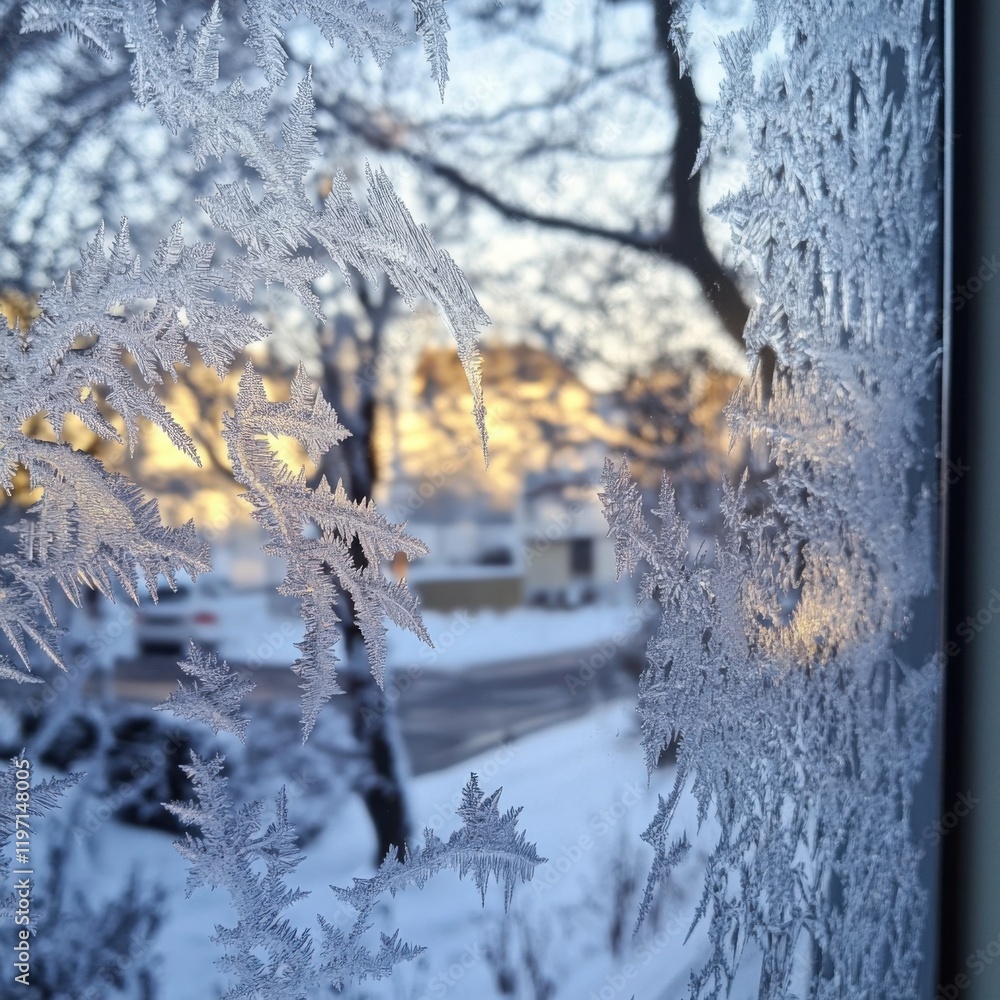 Poster frozen window with intricate frost patterns, view of a suburban street in the background, sunrise, p