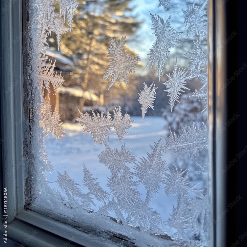 Aufkleber frost on window with complex ice patterns, view of winter landscape, daytime, sunny, shallow depth o