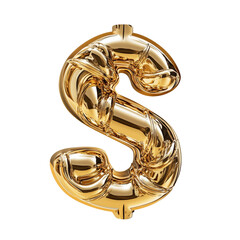 A three-dimensional rendering of a golden dollar sign with a swirled design against a black background.