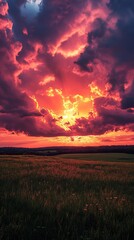 Fototapeta premium Fiery sunset over field, dramatic clouds. Nature background