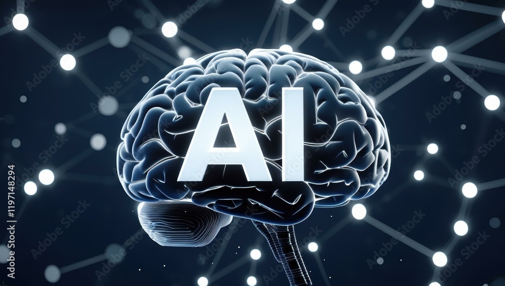 Aufkleber ai text title in center and brain, compute, learn, machine, automate, intelligence in silver, white,