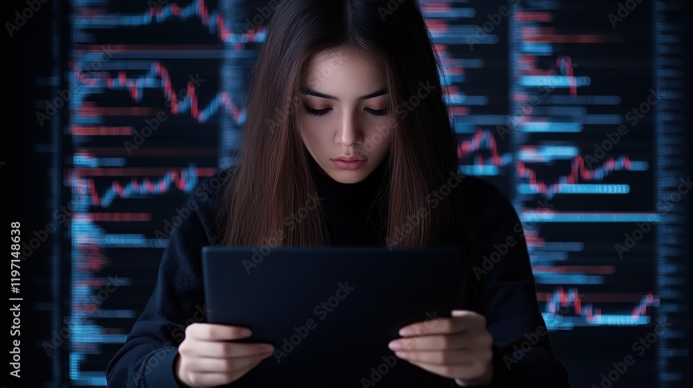 Poster young woman focuses intently on a tablet, analyzing trends and data while seated in front of a scree