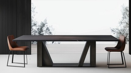 Modern rectangular dining table with a dark gray top and black metal legs on a white background