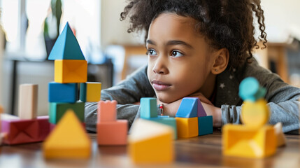A close-up of a young black girl intently observing colorful building blocks, highlighting curiosity and engagement in a playful learning experience