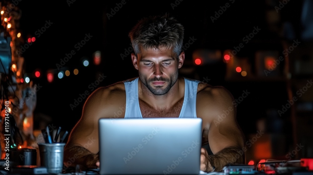 Aufkleber man with a muscular build sits intently at a laptop in a dim space adorned with colorful lights. atm