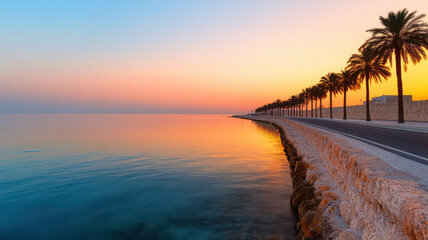 Chasing the Horizon concept, tranquil sunset over coastal road lined with palm trees
