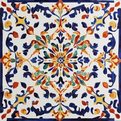 Symmetrical pattern with stylized leaves and bright colors.