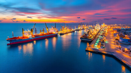 Naklejka premium Sunset Port Cargo Ship Aerial Photo