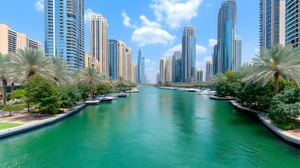Obraz premium Vibrant Cityscape Photo: Canal, Skyscrapers, Palm Trees