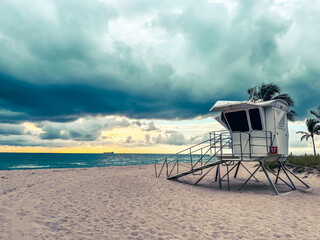 Fort Lauderdale, Florida - December 28, 2024: A lifeguard shack in the early morning along the beaches of Fort Lauderdale, Florida
