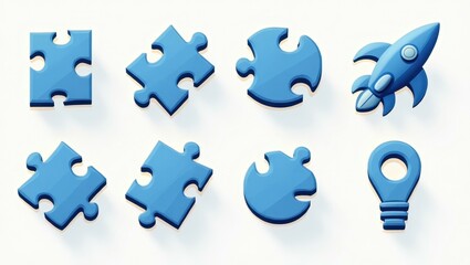 Blue puzzle pieces and rocket icon set floating, creative problem solving and innovation concept, modern minimalistic design on white background, technology and education theme inspiration
