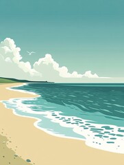 Serene Beach Escape - Minimalist Vector Illustration of Modern Tranquil Seaside Scene with Clear Water and Textured Shore \
