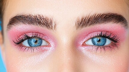 Naklejka premium Close-up of a young woman's bright blue eyes featuring vibrant pink eyeshadow and well-defined eyebrows.