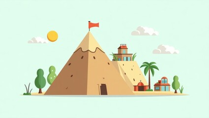 Desert brown pyramid with red flag and ancient temple tourists relaxing on sand near palm trees bright sunny day clear sky cartoon style perfect for travel, history, vacation, architecture background