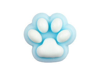 Cute blue color cat paw shape squishy jelly slime toy isolated on white background, studio shot, copy space. Modern popular sensory toy concept.