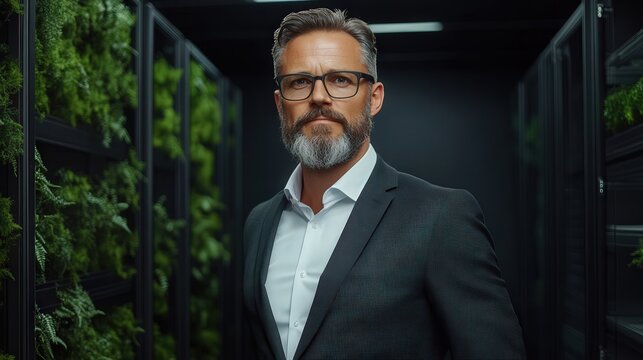 Focused Man with Glasses and Beard Analyzing Data in Modern Server Room Surrounded by Technology and Digital Equipment in a Professional Environment