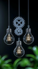 3D Render Glowing Bulbs Gears Innovation