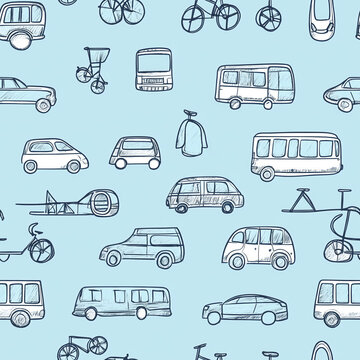 Texture pattern of cars, buses, bicycles, and vehicles on a blue background