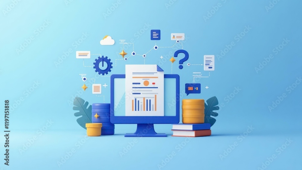 Poster blue desktop computer with data charts and gear icons analyzing analytics, digital marketing concept