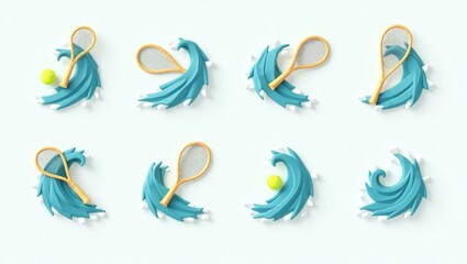 Set of blue tennis player silhouettes hitting yellow ball with racket, dynamic sports action, fitness concept, isolated white background, perfect for athletic event, training promotion, energetic moo