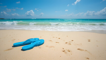 Blue flip-flops on sandy beach by turquoise ocean
