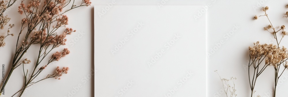 Poster blank canvas surrounded by dried flowers ideal for creative projects or inspirational messages. gene