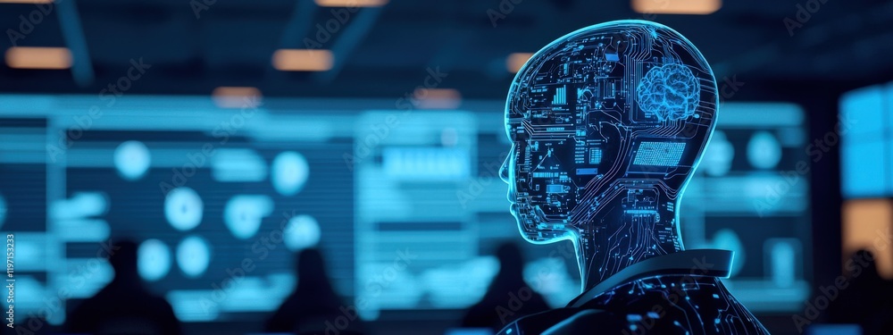 Poster futuristic robotic head with digital interface and abstract background showcasing artificial intelli