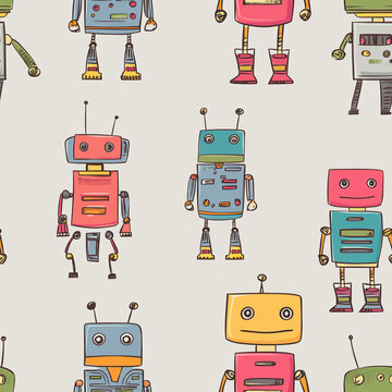 Colorful robot texture pattern with playful designs on a light background