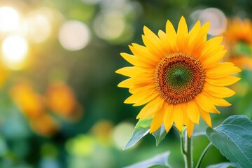 Obraz premium Vibrant sunflower blooming in a sunny garden setting with ample space for additional text creation. Generative AI