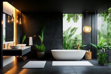 Fototapeta premium A chic bathroom with black marble tiles, gold fixtures, and soft, realistic V-Ray lighting creating a luxurious ambiance