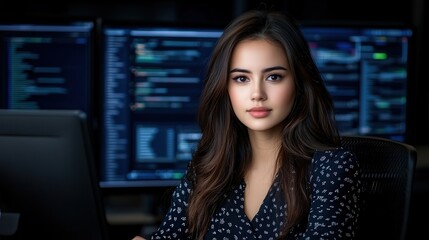 Focused Woman Working at Modern Desk with Computer in Bright Office Space Surrounded by Organizers and Natural Light Creating Productive Atmosphere