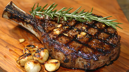 Fototapeta premium Grilled Tomahawk Steak on Wooden Board with Rosemary and Garlic